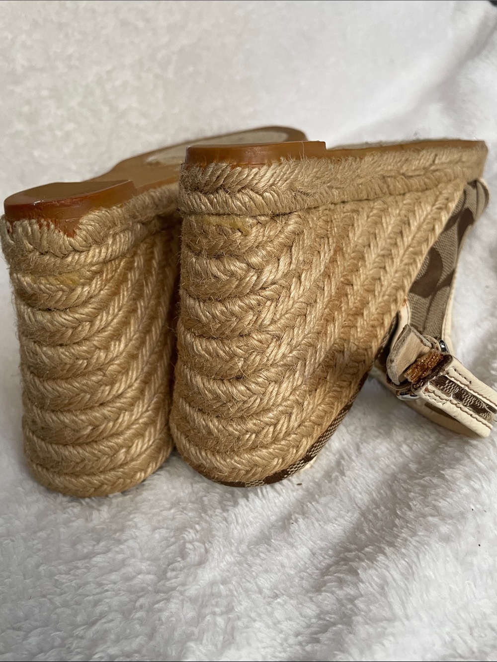 Coach Beige and Brown Signature Canvas Wedge Sandals - Picture 5 of 7